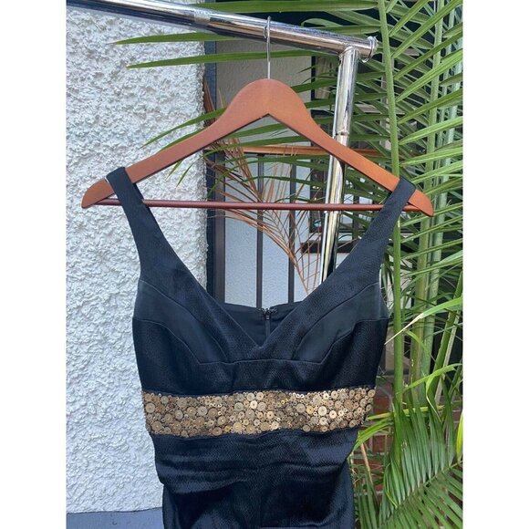 Nicole Miller Evening Womens XS Black Dress Formal Satin Stretch Silk Sequin - Picture 2 of 5